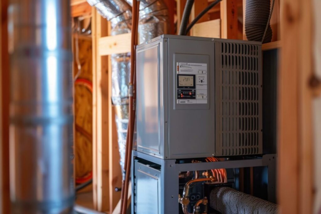 Hvac technician installing brand new energy efficient heat pump
